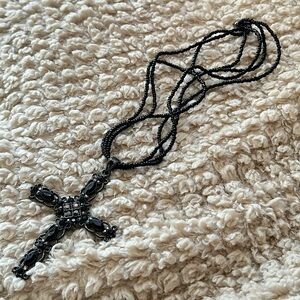 Handmade Jet Black Beaded Necklace With Rhinestone Cross Pendent
